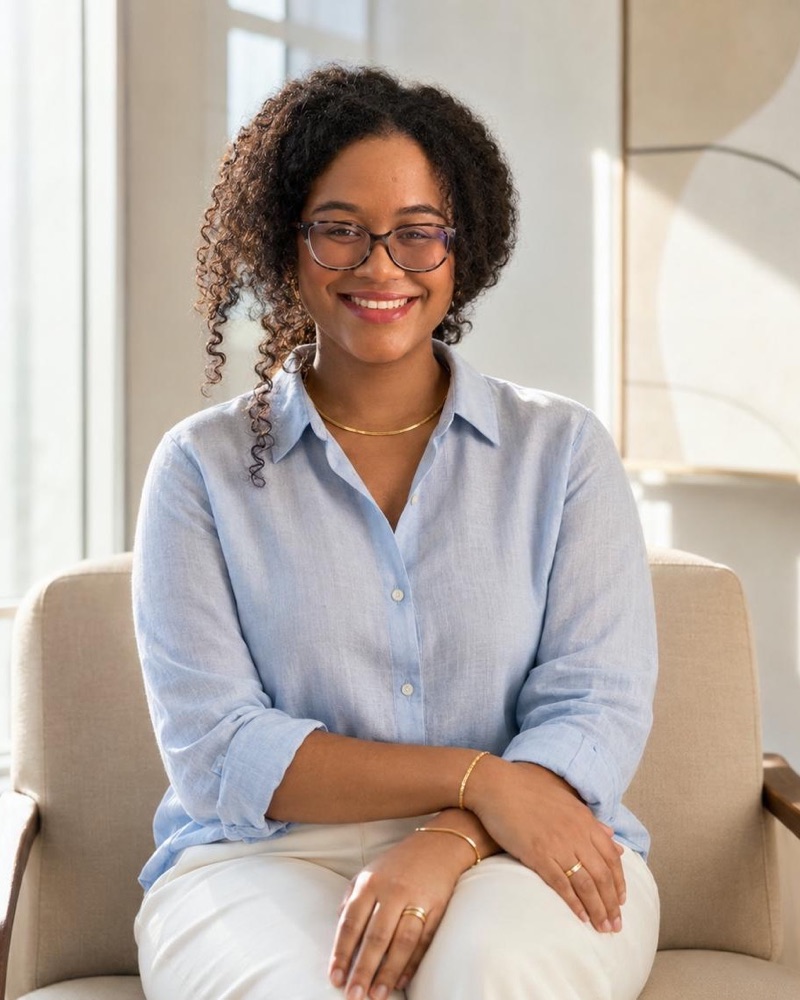 Regina Mendes, psicóloga, sorrindo, sentada em uma poltrona clara